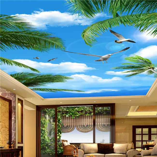 

Custom 3D Photo Wallpaper Blue Sky Sea Coconut Trees Seabirds Living Room Suspended Ceiling Non-woven Wall Mural Wallpaper 3D