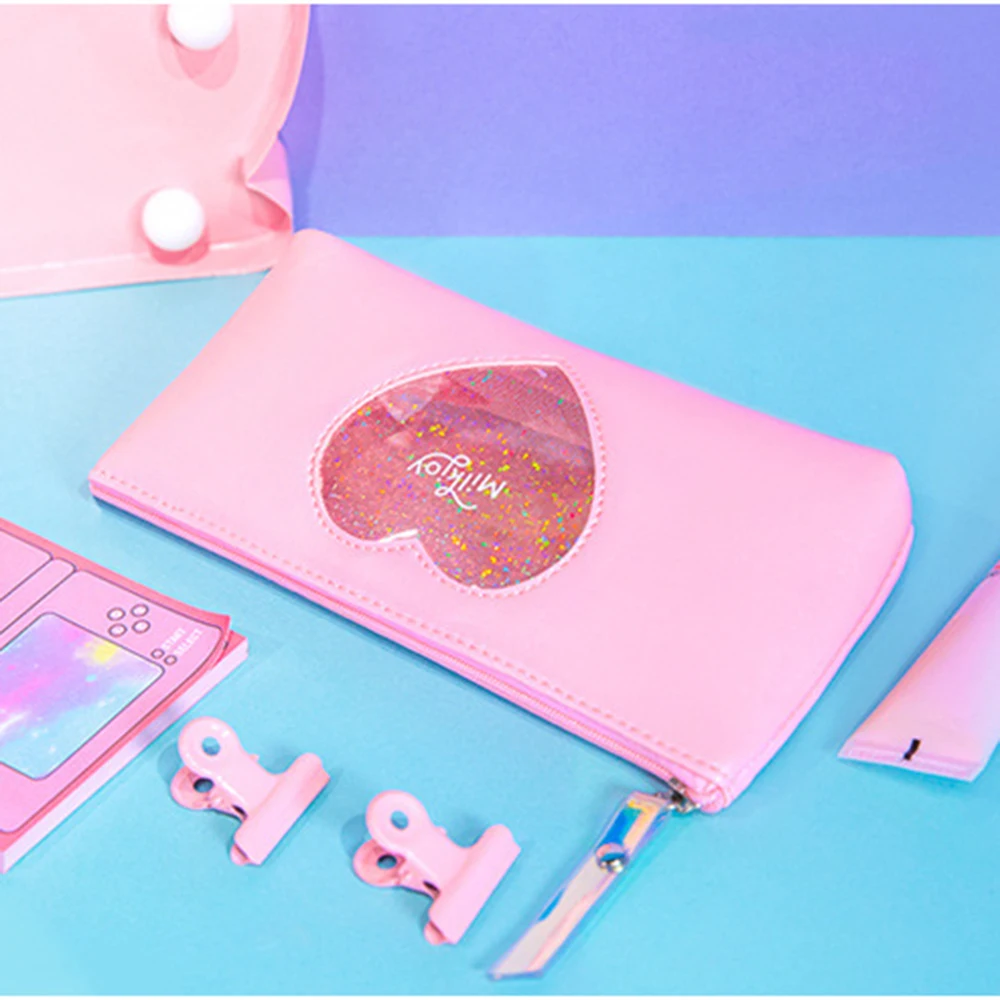 

Kawaii Cute Diamond Love School Pencil Case Candy Colors Laser Transparent Pencilcase for Girls Large Pen Bag Stationery Pouch