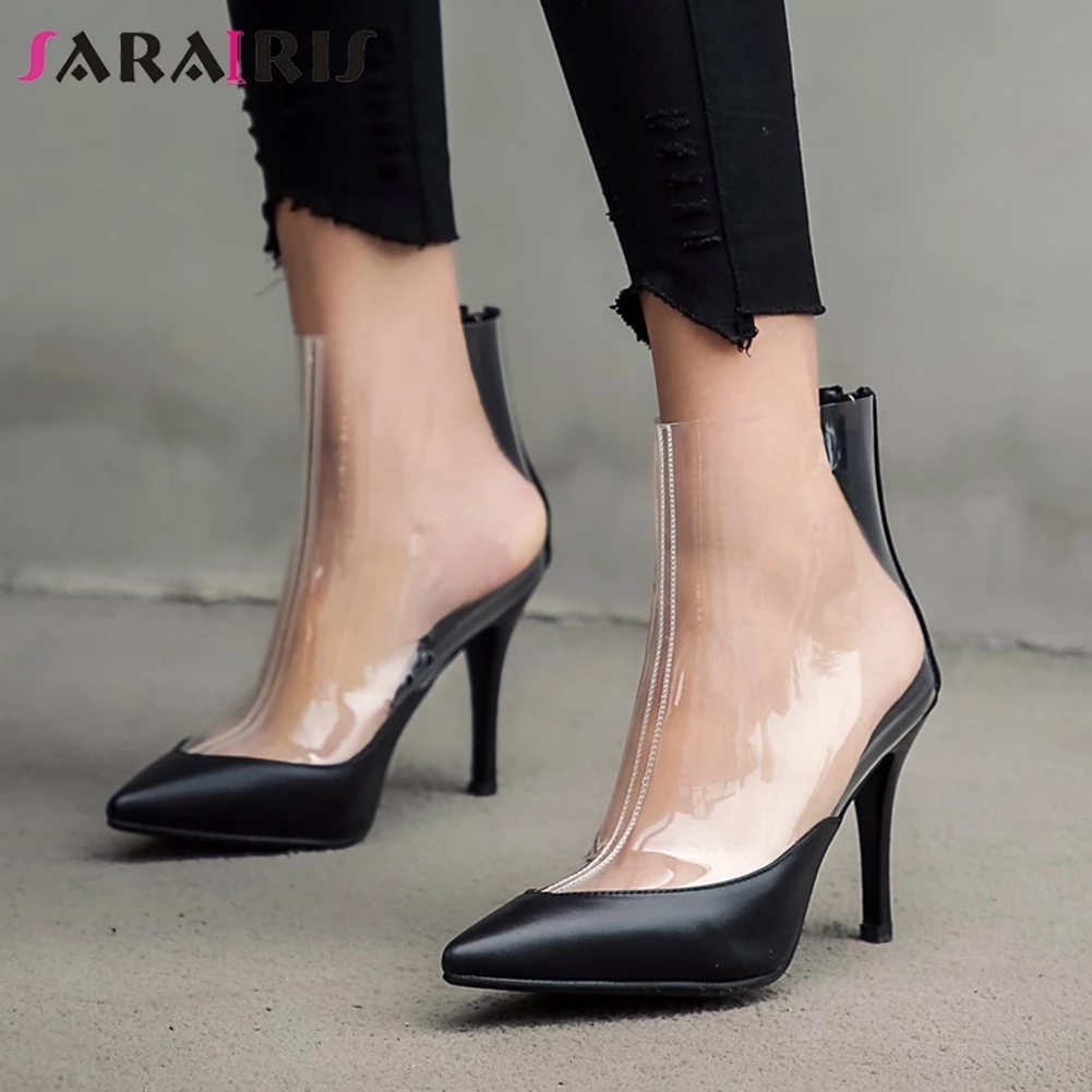 

SARAIRIS Fashion Transparent Genuine Cow Leather Ankle Boots Woman Thin High Heels Pionted Toe Ankle Boots Woman Size 34-42
