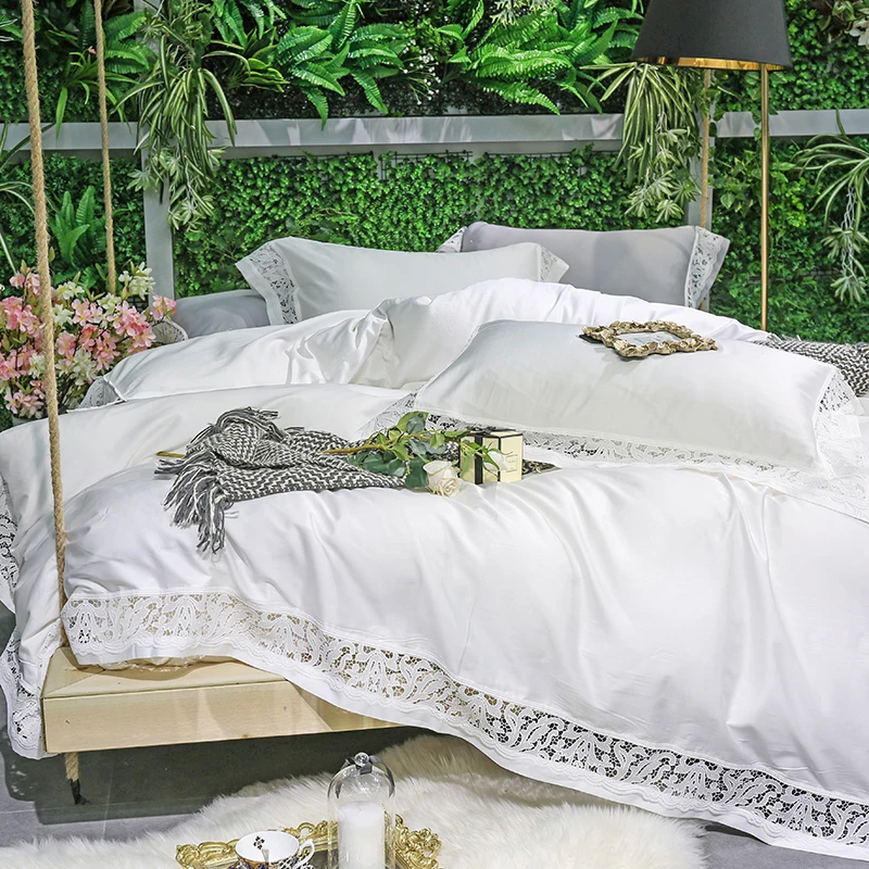

Girls white/gray/Pink Egyptian cotton luxury lace Bedding Set Queen King Size Duvet Cover Bed Linen Bed sheet Pillowcases 4pcs