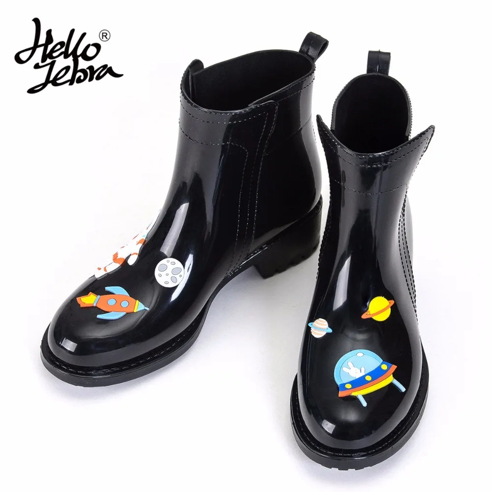

Hellozebra New Arrival PVC Ankle Rain Boots Women Female Waterproof Cute Black Fiah & Cat Rainboots Wellies Water Shoes