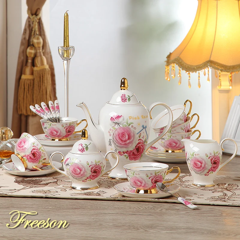 Online Juego de té de porcelana británica con hueso de Rosa romántico, juego de té de porcelana europea, olla de cerámica, crema, tazón de azúcar, tetera, taza de café