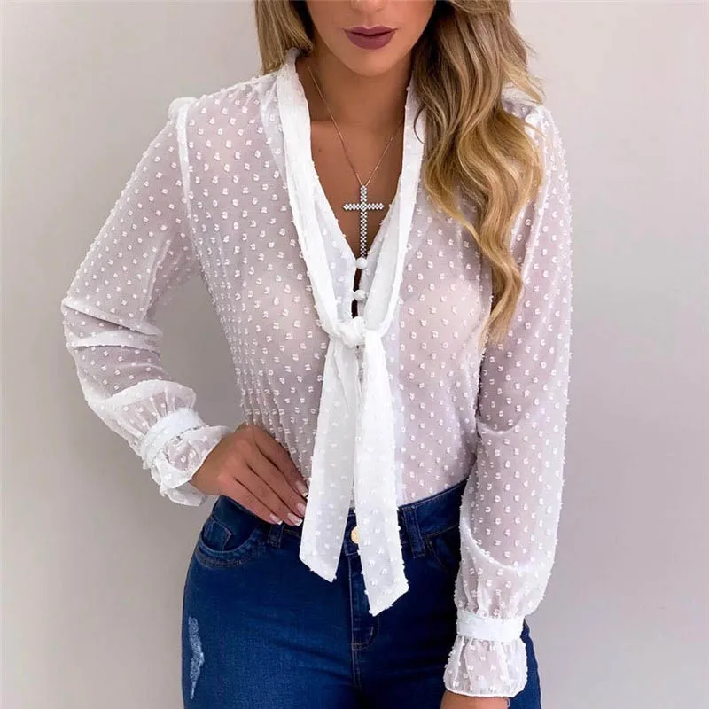 

Chiffon Sexy Transparent Shirts Womens Tops And Blouses Female 2019 Autumn Shirt White Office Chemise Lady Dot Mesh Top Femme