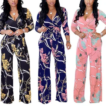 

Autumn Plus Size Women Jumpsuit Floral Print V-Neck Long Sleeve Skinny Playsuits New Casual Party Club Wear Long Trousers