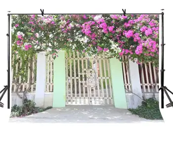 

7x5ft Beautiful Scenery Backdrop Green Tree Red Wood Door View Photography Background and Studio Photography Backdrop Props