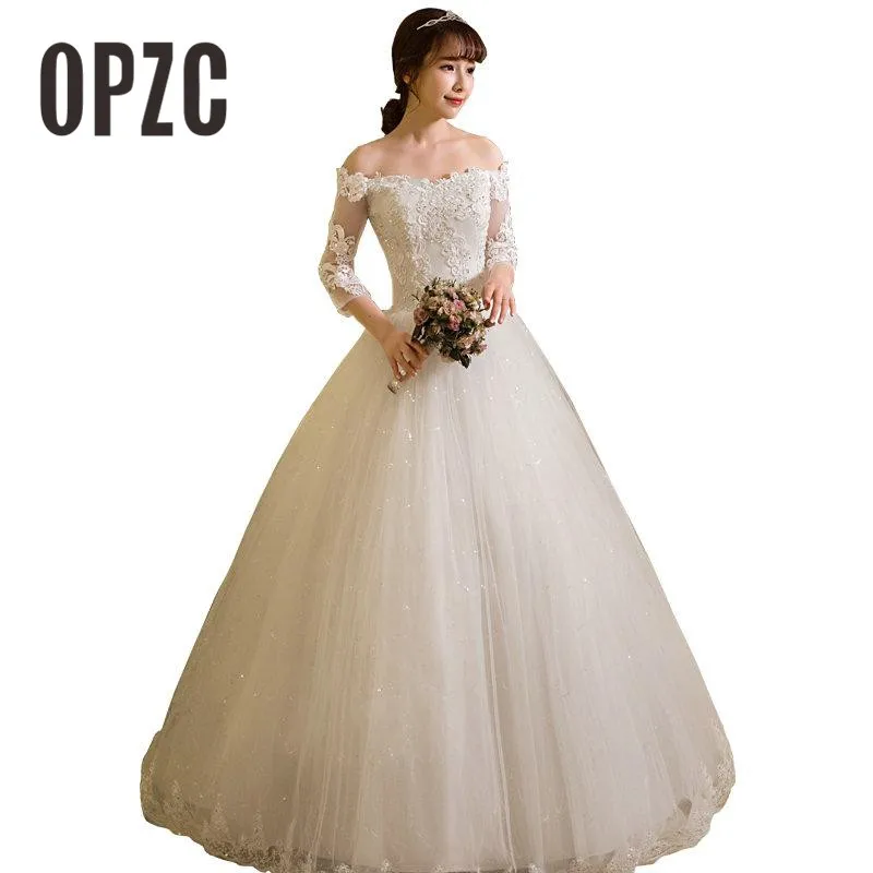 

100% Real Photo Girl Wedding Dress 2017 New Half Sleeve Sweet Boat Neck Sexy Lace Gown Off The Shoulder Princess wholesale
