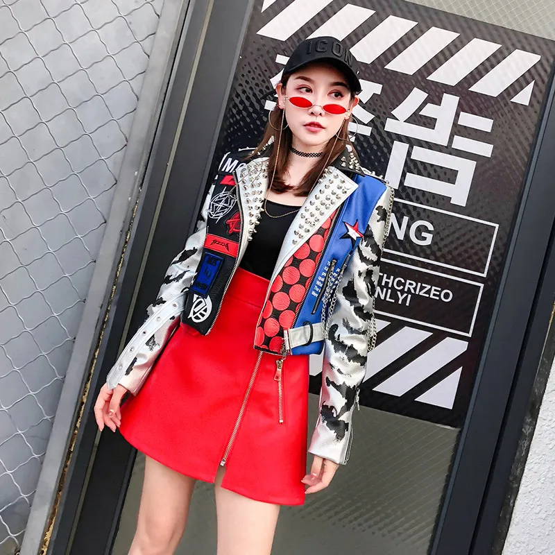 TREND-Setter 2018 Autumn Fashion Rivet Leather Jacket Women Spring Punk Style Letter Printing Chains Jacket and Coat TREND-Setter 2018 Autumn Fashion Rivet Leather Jacket Women Spring Punk Style Letter Printing Chains Jacket and Coat