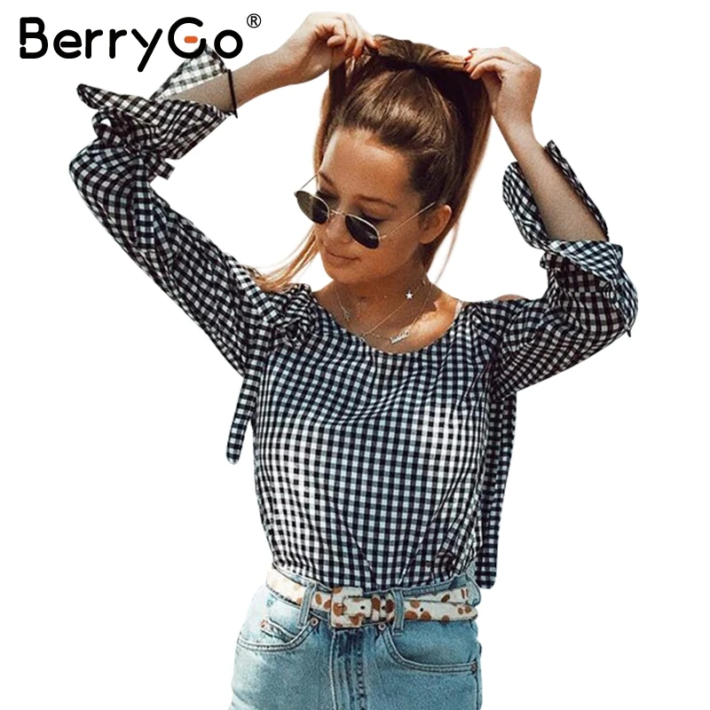 Berrygo Sexy с открытыми плечами Клетчатая блуза рубашка Для женщин лук длинные рукава