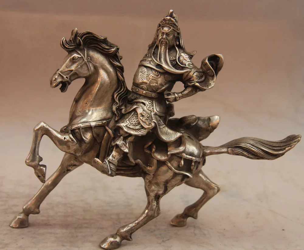 

China White Copper Silver Guan Gong Bodhisattva Guanyu Horse Buddha Statue