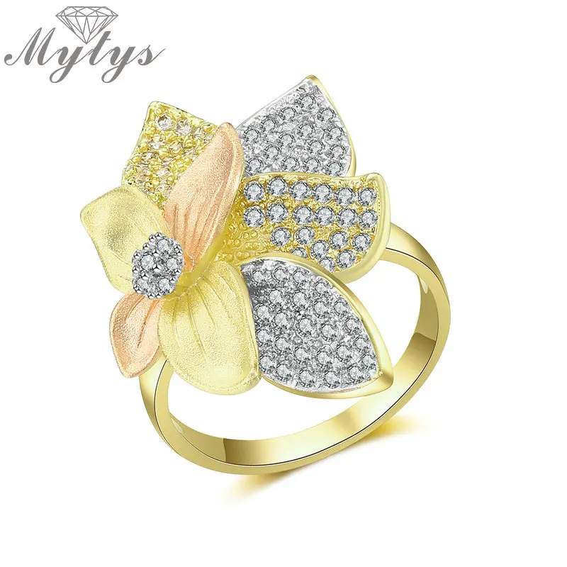 

Mytys Pave Setting Cubic Zirconia Gorgeous Flower Ring Three Gold Young Women Fashion Romantic Party Wedding Jewelry R2090