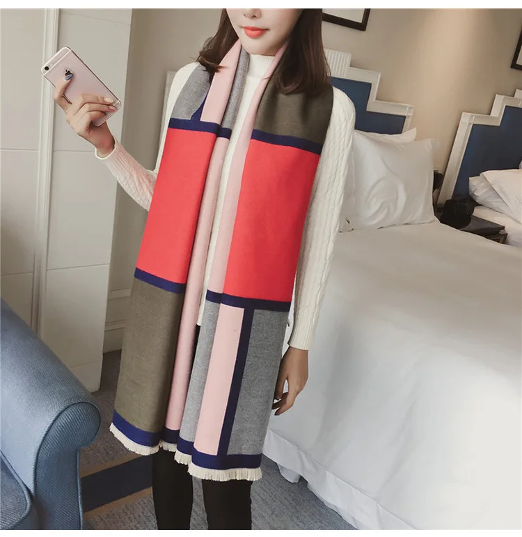 Chanycore Colorblock bow Fashion Winter scarf cashmere pashmina women scarfs Colorblock double-sided warm thick shawl for ladies