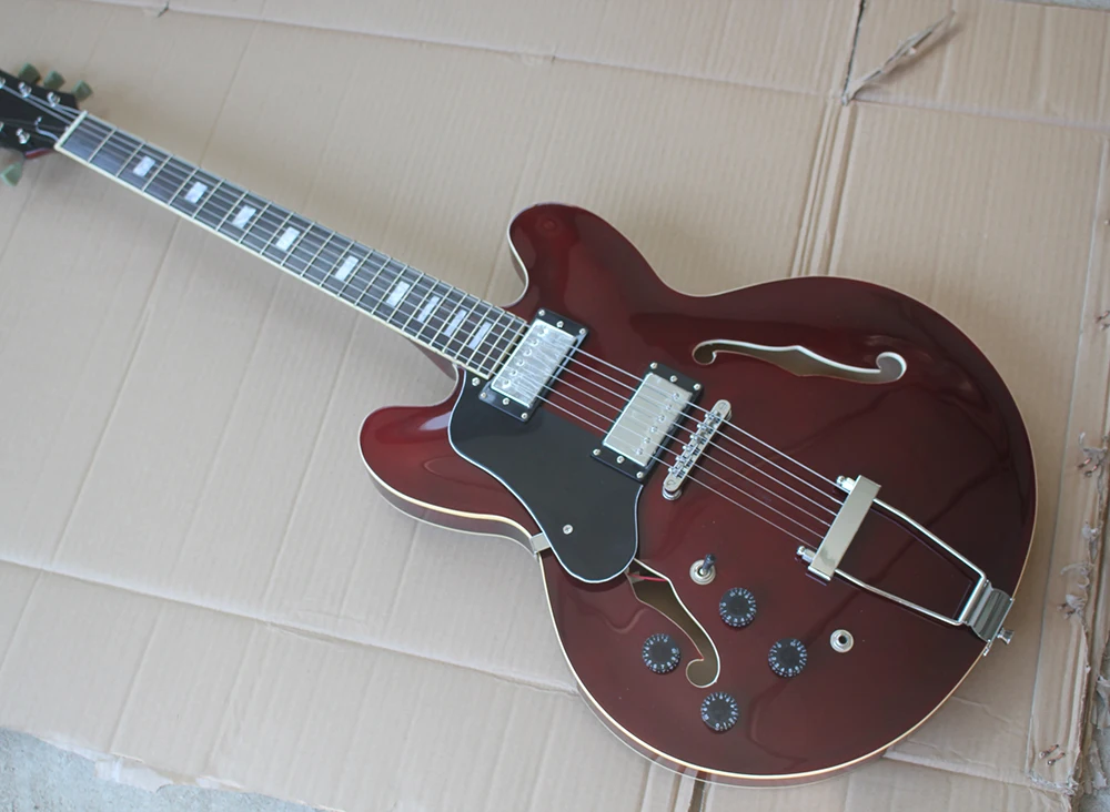 

High Quality Semi-hollow Wine Red Electric Guitar with Left Handed,Chrome Hardware,White Binding Body and Neck,Black Pickgaurd
