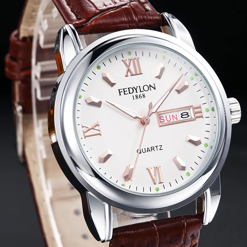 FEDYLON Brand New Fashion Watch Men Elegant British Style Roman Numerals Double Calendar Dial Casual Business