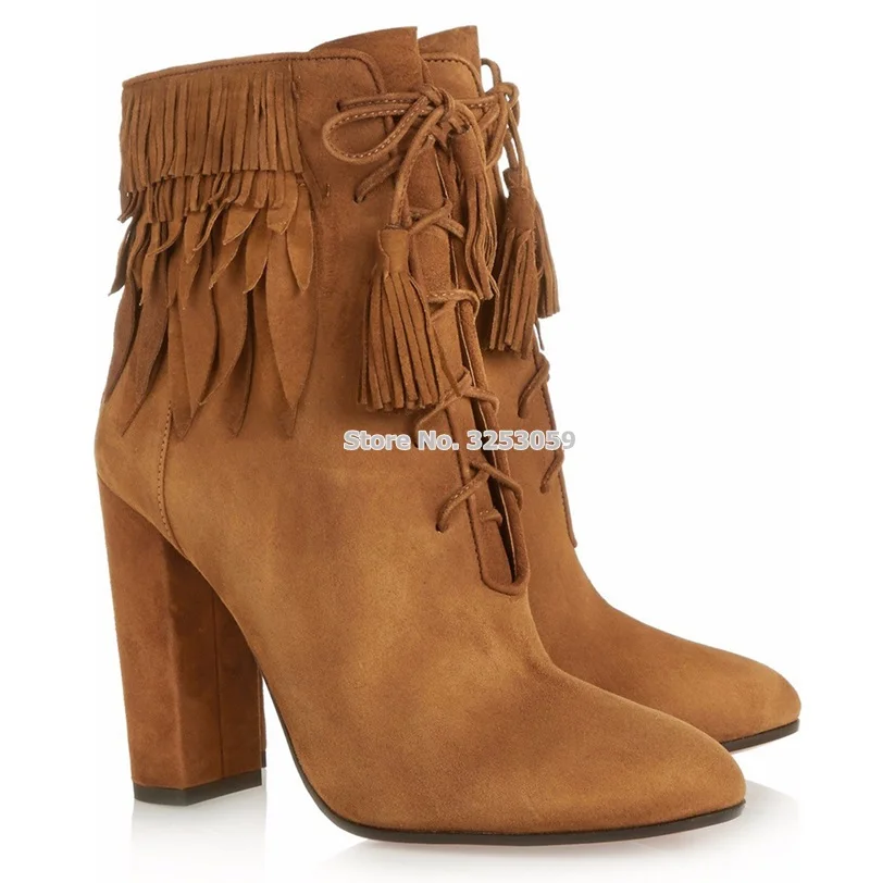 

ALMUDENA Suede Leather Chunky Heels Fringe Ankle Boots Lace-up Drape Tassel Dress Shoes Brown Black Thick Heel Motorcycle Boots