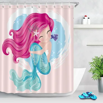 

Cartoon Design Cute Mermaid with Little Fish Shower Curtains Waterproof Custom Bathroom Curtain Fabric For kids Bathtub Decor