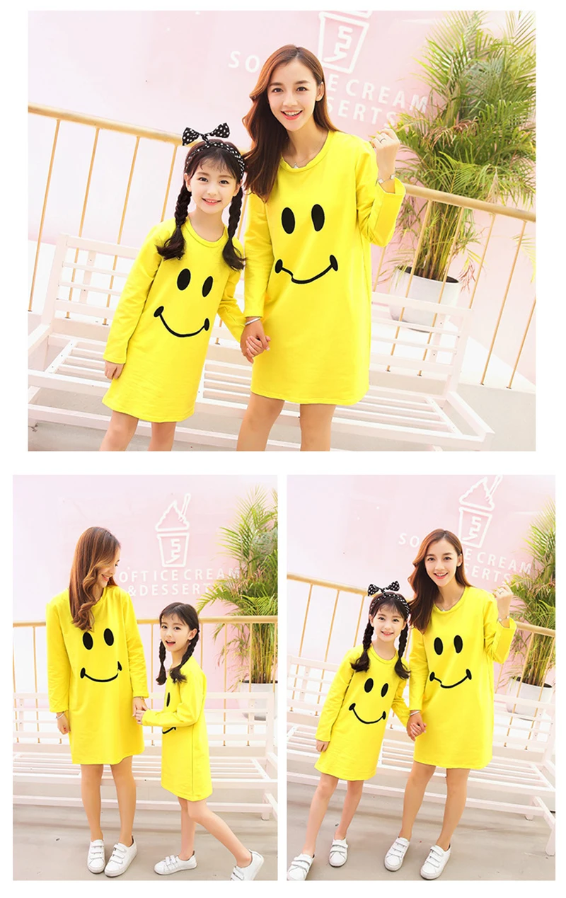 Mummy Daughter Dresses Smile Face Cartoon Print Mom and Me Clothes Baby Girls Clothing Family Matching Outfits Mother & kids (7)