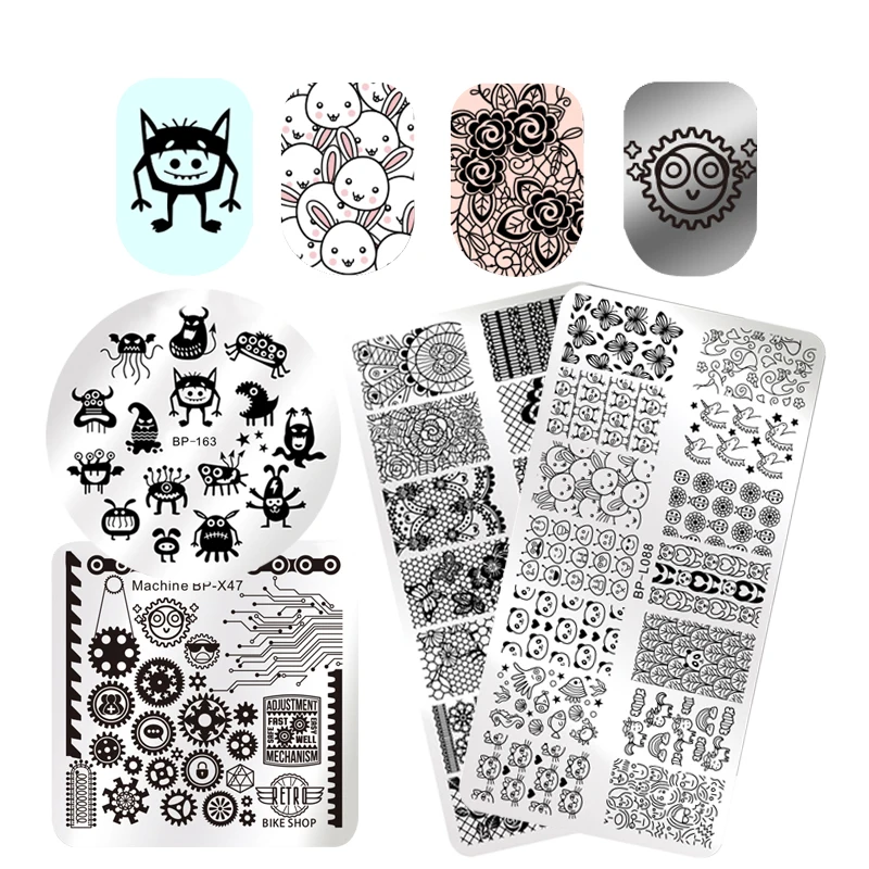 

BORN PRETTY Monster Ghosts Stamping Template Flower Animal Fruit Stamp Plate Round Square Rectangle Nail Art Image Plate