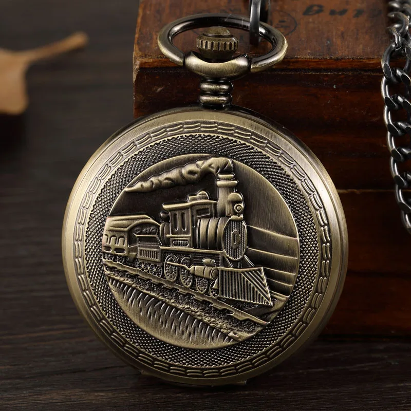Новые механические карманные часы с бронзовым поездом, мужские часы с лазерной гравировкой, мужские флип-чехол, часы с цепочкой, подарочная коробка - Цвет: mechanical watch 2