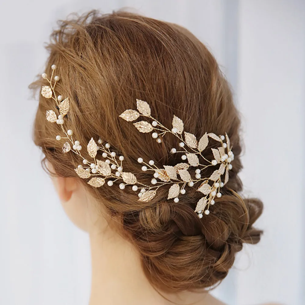 

Pinksee Vintage Head Jewelry Women Golden Alloy Leaf With Pearl Bridal Headdress Beaded Wedding Hair Accessories For Women