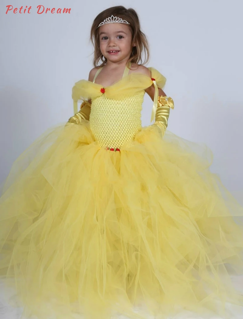 

Petit Dream Belle Princess Girls Tutu Dress + Gloves Set Yellow Fairy Princess Beautiful Belle Costume for Cosplay Party