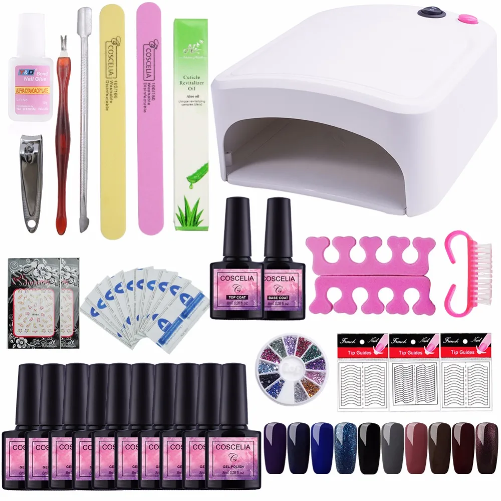 

coscelia 2018 Beginner Nail Art Tools 10 colors Soak Off UV Gel 36W UV LED Lamp for Gel Polish Drying Nail Manicure Kits