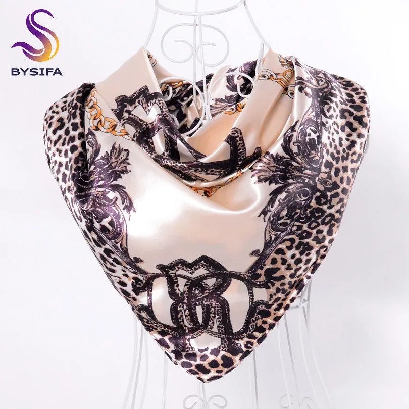 leopard beige white Элегантный женский большой квадратный шелковый шарф с принтом, 90*90 см, модный весенний и осенний серый и фиолетовый Шелковый шарф из полиэстера, шаль - Цвет: leopard beige white