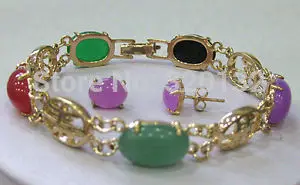 

FREE SHIPPING>>@> Stunning Multicolor Jade Jewelry bangle bracelet earrings set bridal Woman's Silver 14k GP gold plated Jewelle
