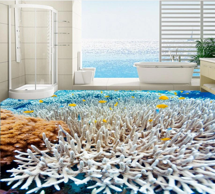 家の装飾3dウォールペーパー用浴室カスタム3d床写真壁紙海の白いサンゴ魚pvc自己粘着壁紙 3d Wall Paper Wall Paperwallpaper Sea Aliexpress