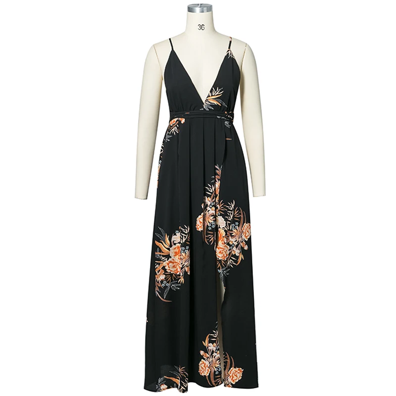 Bohemian Floral Print Boho Maxi Dress Women Chiffon Beach Summer Dress Deep V-Neck Split Backless Sexy Long Dress (17)
