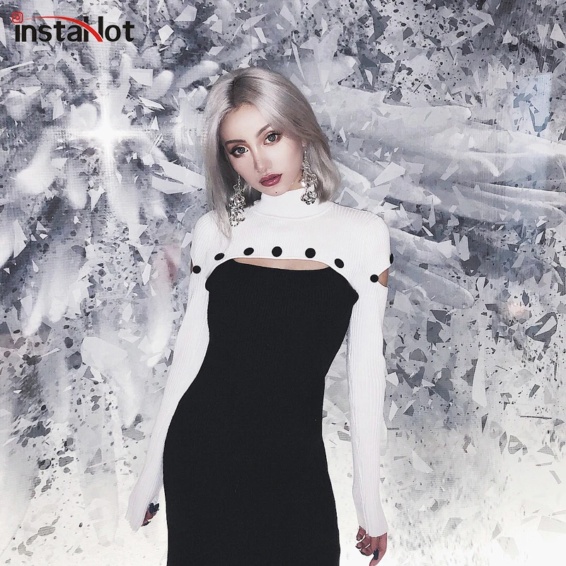 

InstaHot Black and White Button Skinny Dress Women 2019 Fashion Sexy Elegant Party Midi Dress Lady Hole Slim Bodycon Clubwear