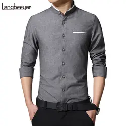 Новая мода Повседневное мужские рубашки с длинным рукавом воротник-стойка рубашка узкого кроя Для мужчин в Корейском стиле мужские