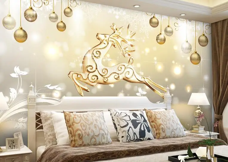 クラシック高級3d壁紙クリスマス動物ゴールデンソフトバッグ写真壁壁画寝室のテレビソファの背景ホームインテリア3d wallpaper