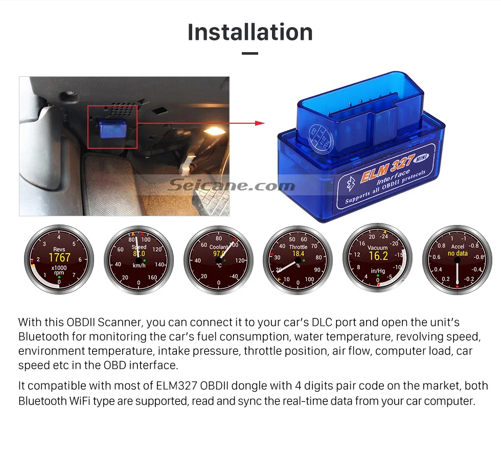 Seicane Мини ELM327 V1.5 OBD OBD2 Bluetooth считыватель кодов диагностический Автомобильный сканер инструмент для VW Chrysler Ford Mazada Nissan Toyota