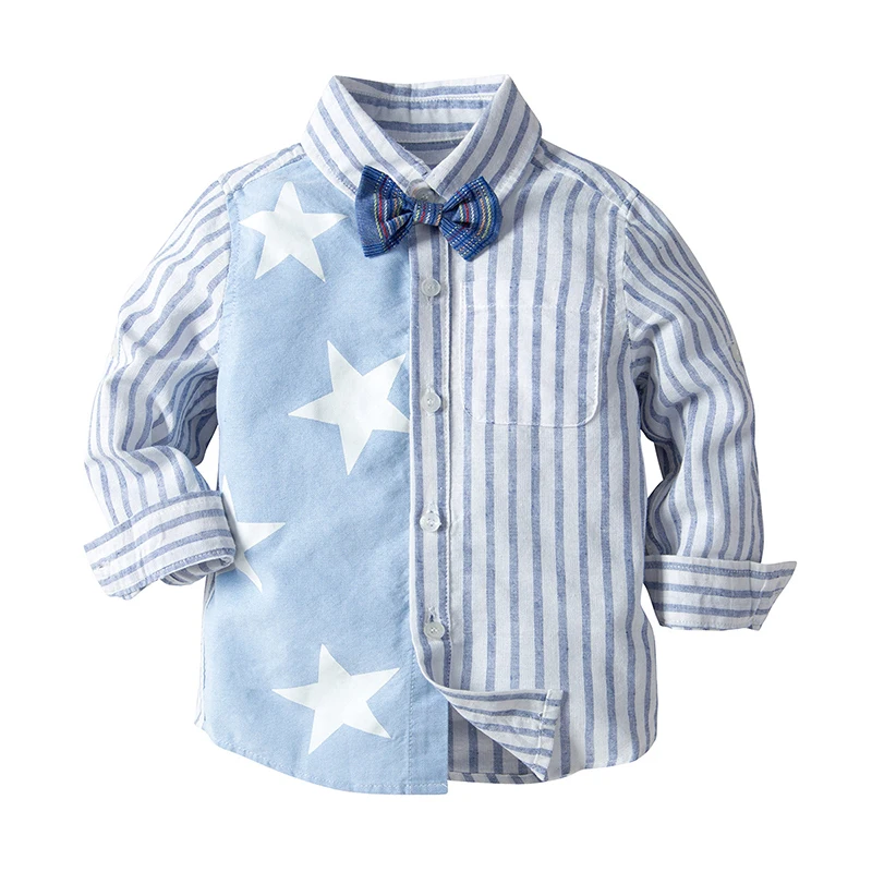 

2019 Spring Boys Shirt Stars Striped Fashion Baby Boy Shirts Bow Tie Free Children's Clothes Autumn Long Sleeve Kids Clothing