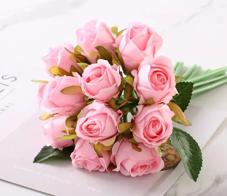 12 шт./лот, искусственные розы, свадебный букет, шелковые розы, цветы ...