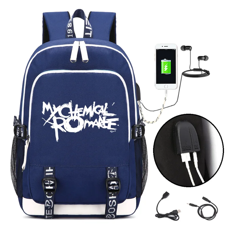 Рюкзак My Chemical Romance в стиле панк с зарядным портом usb и замком и разъемом для наушников для работы студентов колледжа, мужчин и женщин - Цвет: style3 blue