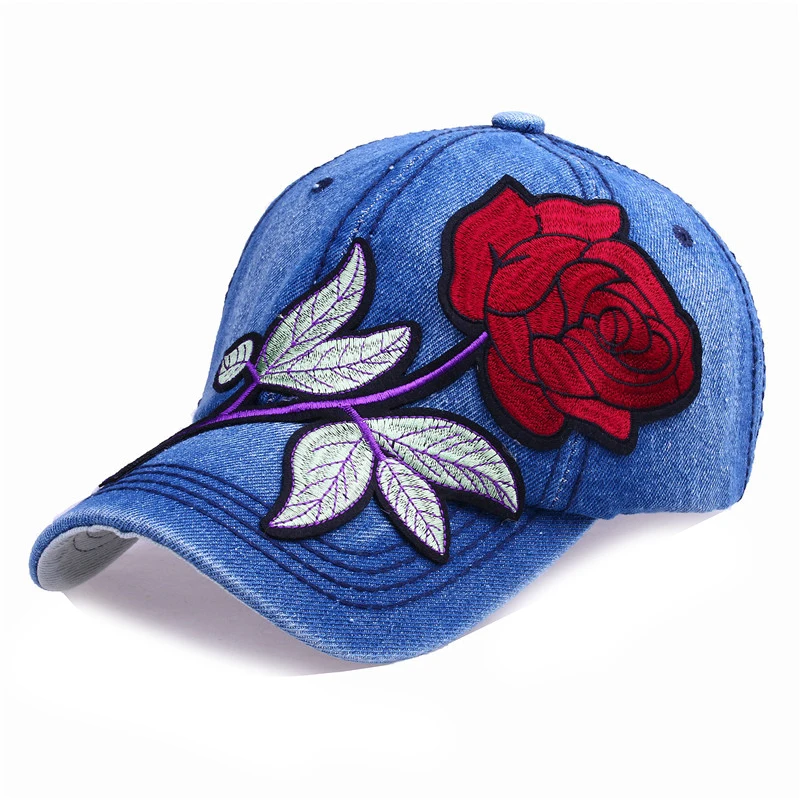 New Rose Denim Baseball Cap, Women Casual Snapback Hat Summer Outdoor