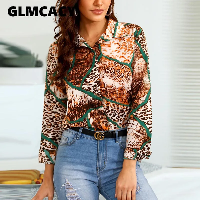 

Women Leopard Print Insert Casual Shirt Pullover V-neck Office Lady Fashion Street Wear Spring Autumn Slim Fit Top Shirts