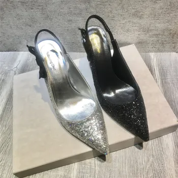 

Free shipping fashion Casual women Pumps Black silver glitter point toe slingback high heels shoes 6 8cm party bride shoes