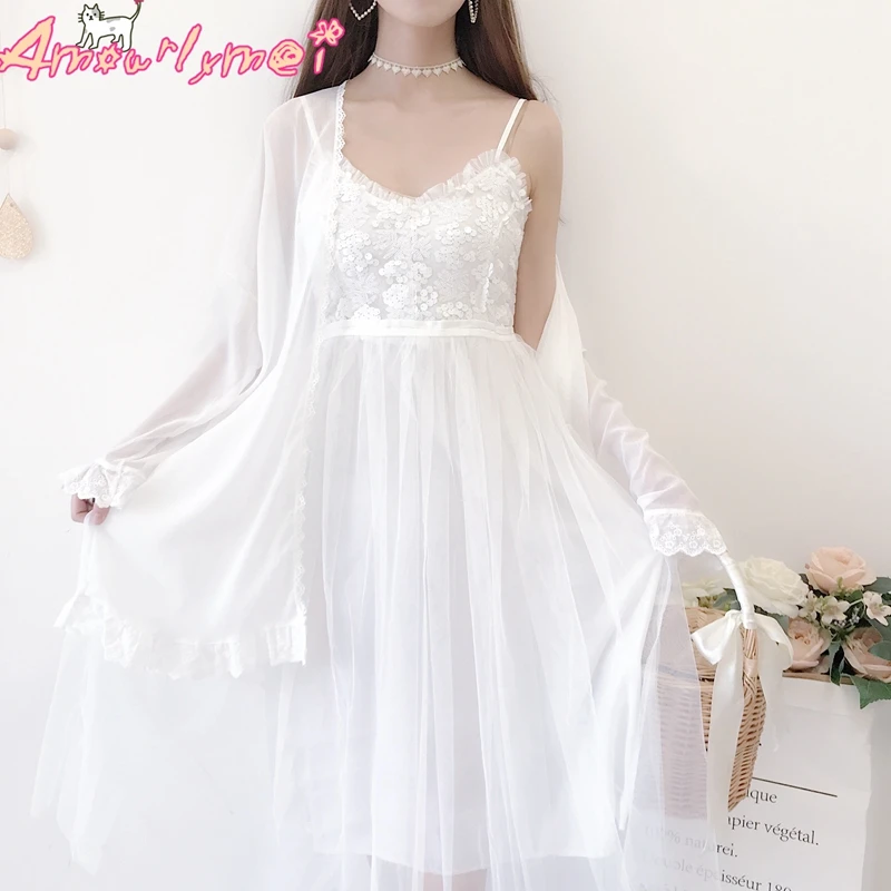 

Japanese Mori Girl Lace Mesh Sequin High Waist Spaghetti Strap Dress Lolita Summer Kawaii Sweet Princess Dress Female Vestidos