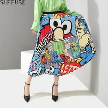 SUFFUSE Новая летняя Женская Сексуальная плиссированная юбка с рисунком из мультфильма цифровая печать Высокая талия половина тела юбка