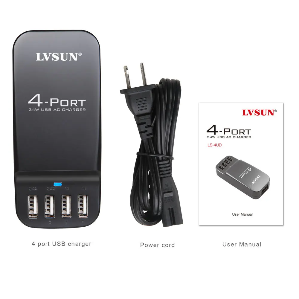Универсальное сетевое зарядное устройство LVSUN с 4 USB портами 5 В 2 А 1 А|charger lvsun|usb