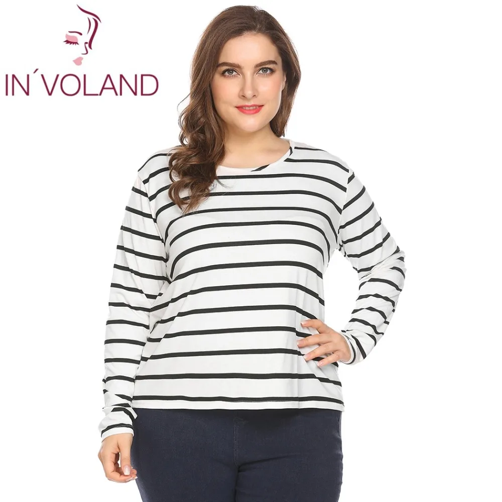 

IN'VOLAND Plus Size Women T-Shirt Top 4XL Autumn O-Neck Long Sleeve Striped Casual Pullover Tshirt Feminino Tees Large Oversized