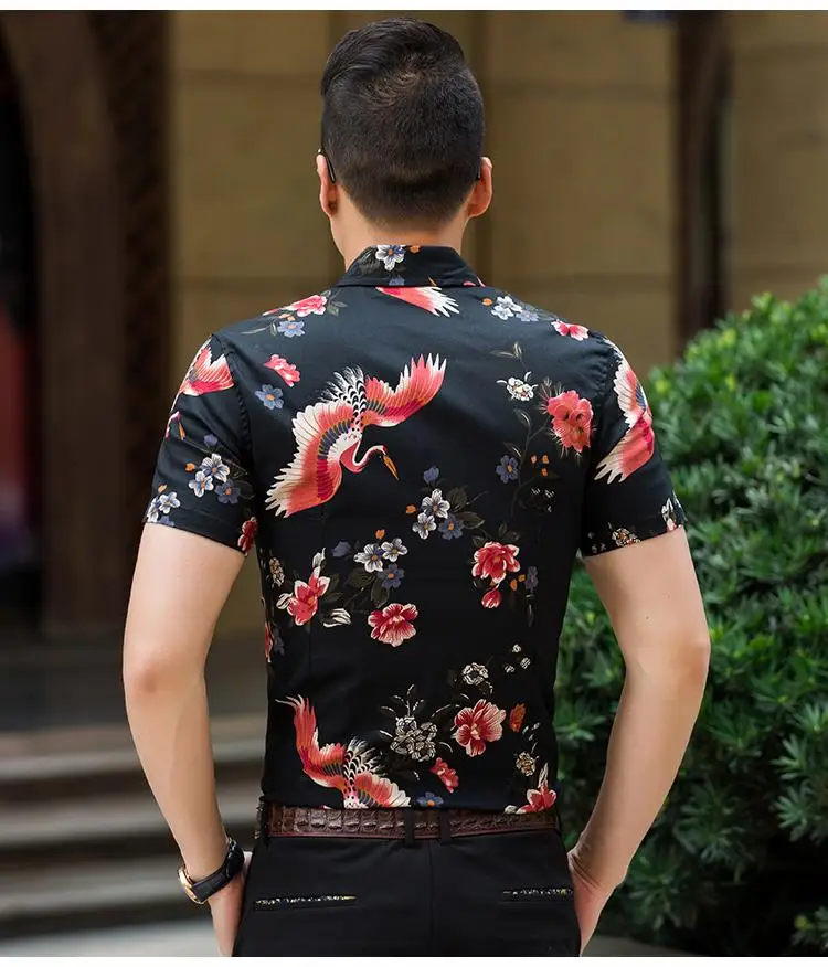 Мужская гавайская рубашка с Костюмы Camisa социальной masculina Хлопок Птицы Цветы рубашка с короткими рукавами мужской Большие размеры черный