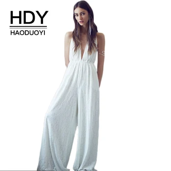 

HDY Haoduoyi White Plunge V Neck Bow Back Jumpsuit Culotte Leg Women Wide Leg Jumpsuits Rompers Playsuits White Elegant