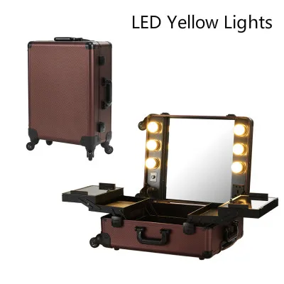 

Coffee LED Yellow Light Makeup Artist Train Box Professional 4-Wheels Carry-on Removable Rolling Makeup Case