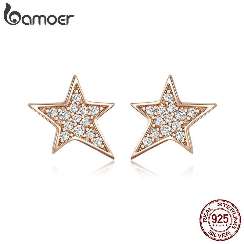 

bamoer Irregular Star Stud Earrings Sterling Silver 925 Jewelry Korean Style Rose Gold Color Fashion Jewelry for Women BSE148
