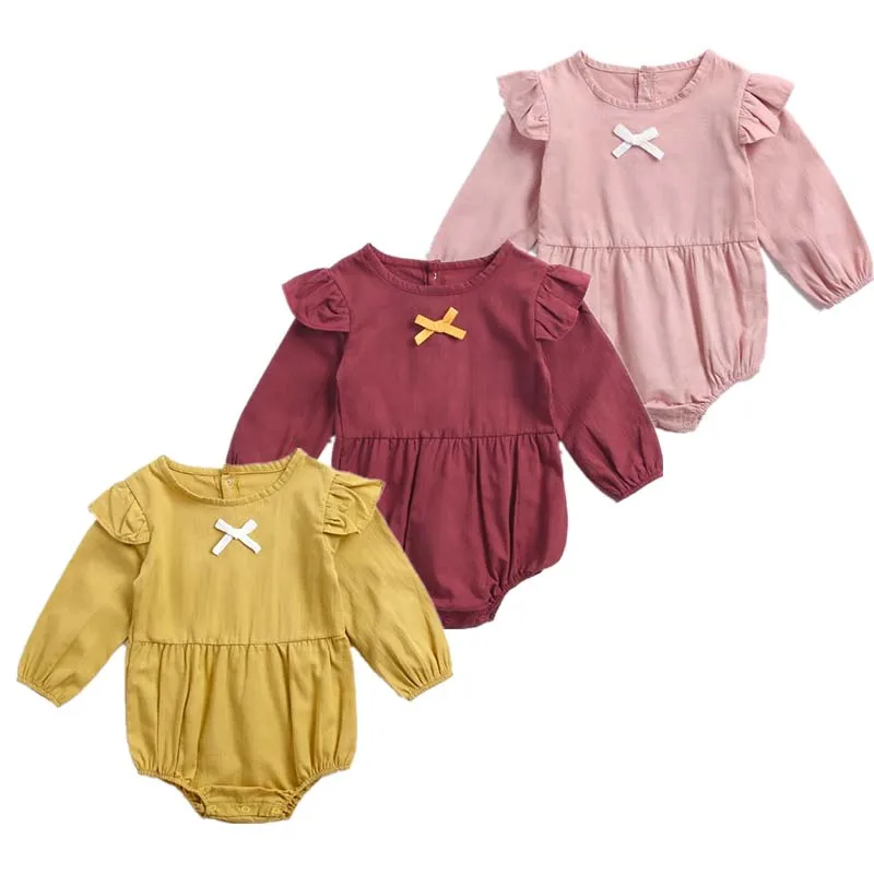 

Long sleeved Fashion Baby Girls Solid Cotton clothes Toddler Baby Kids Jumpsuit Infant spring and summer Overalls Bow Coveralls