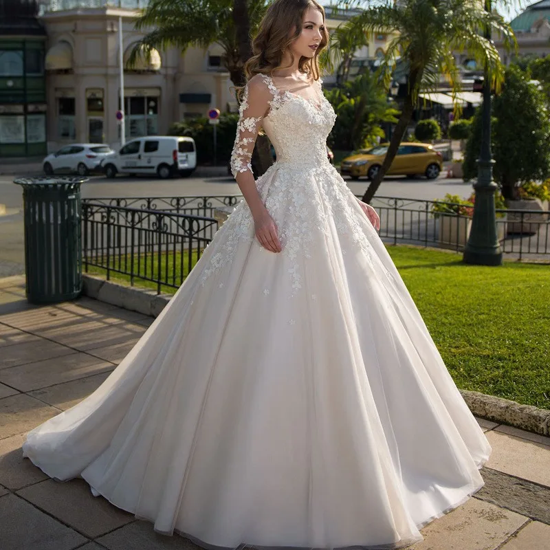 Свадебное платье, половина рукава, vestido de noiva, бальное платье, свадебное платье, бисероплетение, платье с цветочным рисунком, de mariee Customise Gelinlik