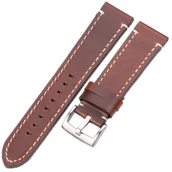 Genuine Leather Watch Strap Belt for Men - Thick Brown and Black Watchbands with Buckle (Dark Brown Silver)
